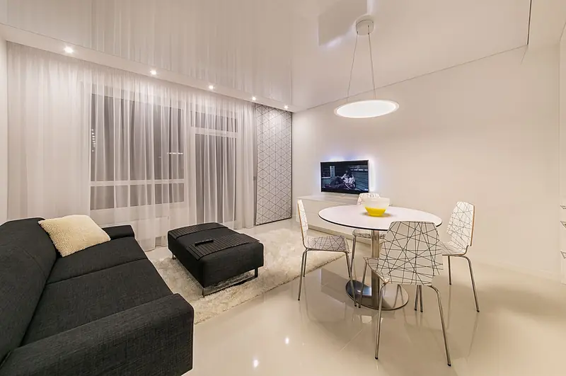 Modern living room with a smooth finished ceiling