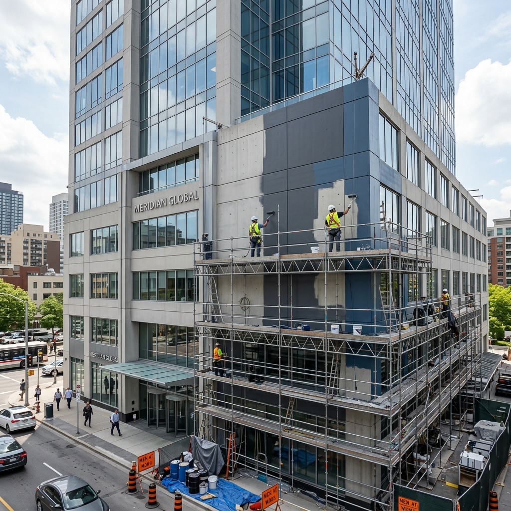 Commercial painters scaling a building exterior on scaffolding in Vancouver